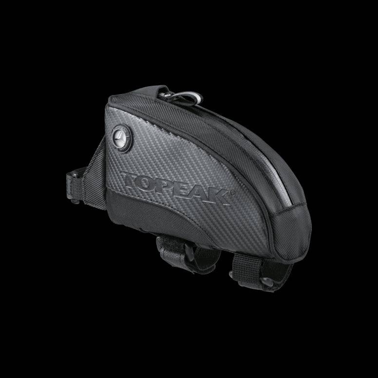 Topeak Fuel Tank top tube bag with cable access for cycling essentials, mounted on a bicycle frame.