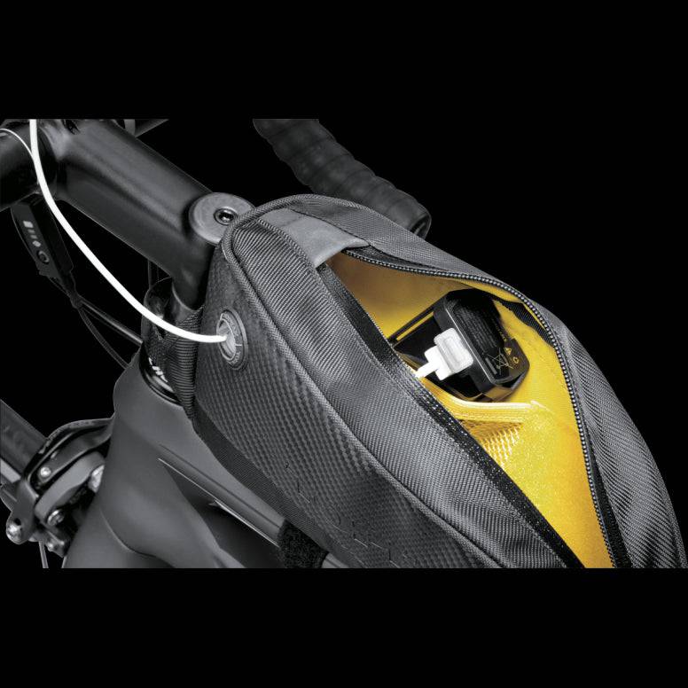 Topeak Fuel Tank top tube bag for cycling accessories with cable access, compact storage for cycling essentials.
