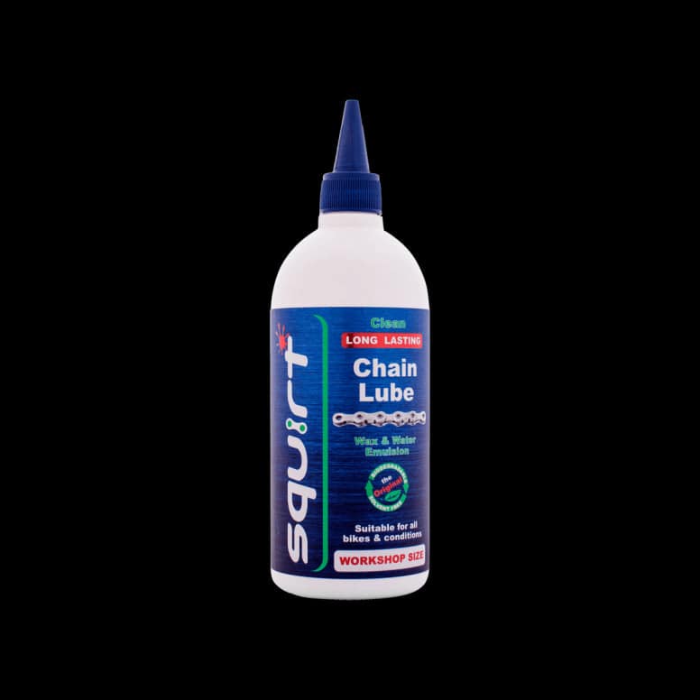 Squirt Maintenance Chain Lube workshop bottle with eco-friendly bicycle chain lubricant, designed for long-lasting bike chain protection.