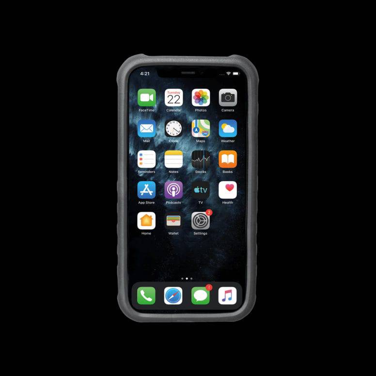 Topeak Ridecase for iPhone 11 Pro with adjustable mount and wireless charging feature, shown on a smartphone.
