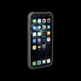 Topeak Ridecase for iPhone 11 Pro with adjustable mount and wireless charging pad, shown attached to a bike handlebar.