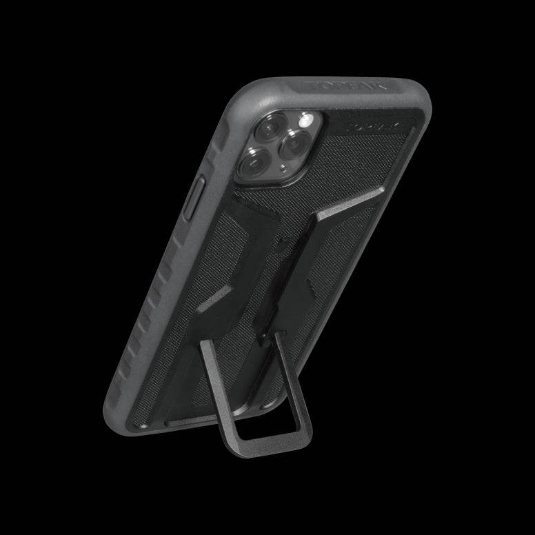 Topeak Ridecase for iPhone 11 Pro Max with QuickClick™ mount and wireless charging feature, shown on a smartphone.