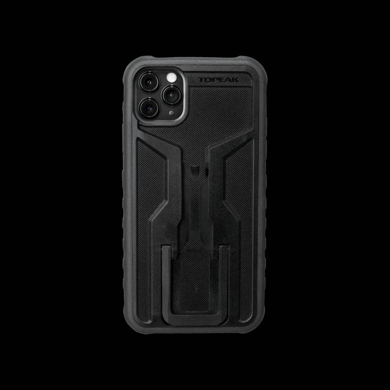 Topeak Ridecase for iPhone 11 Pro Max with QuickClick™ mount and wireless charging, shown on a smartphone.