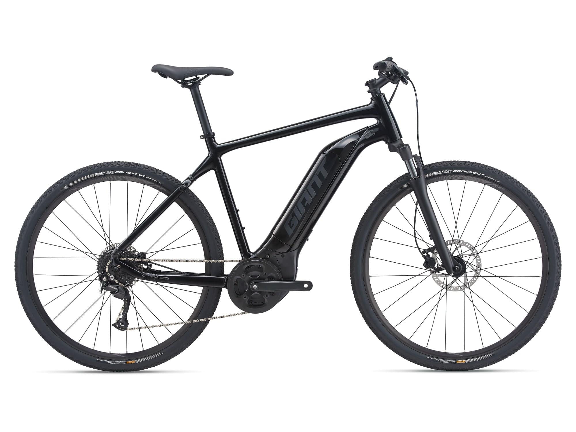 Giant Roam E+ GTS 2026 electric hybrid bike with pedal assist and disc brakes, shown from side view in outdoor setting.