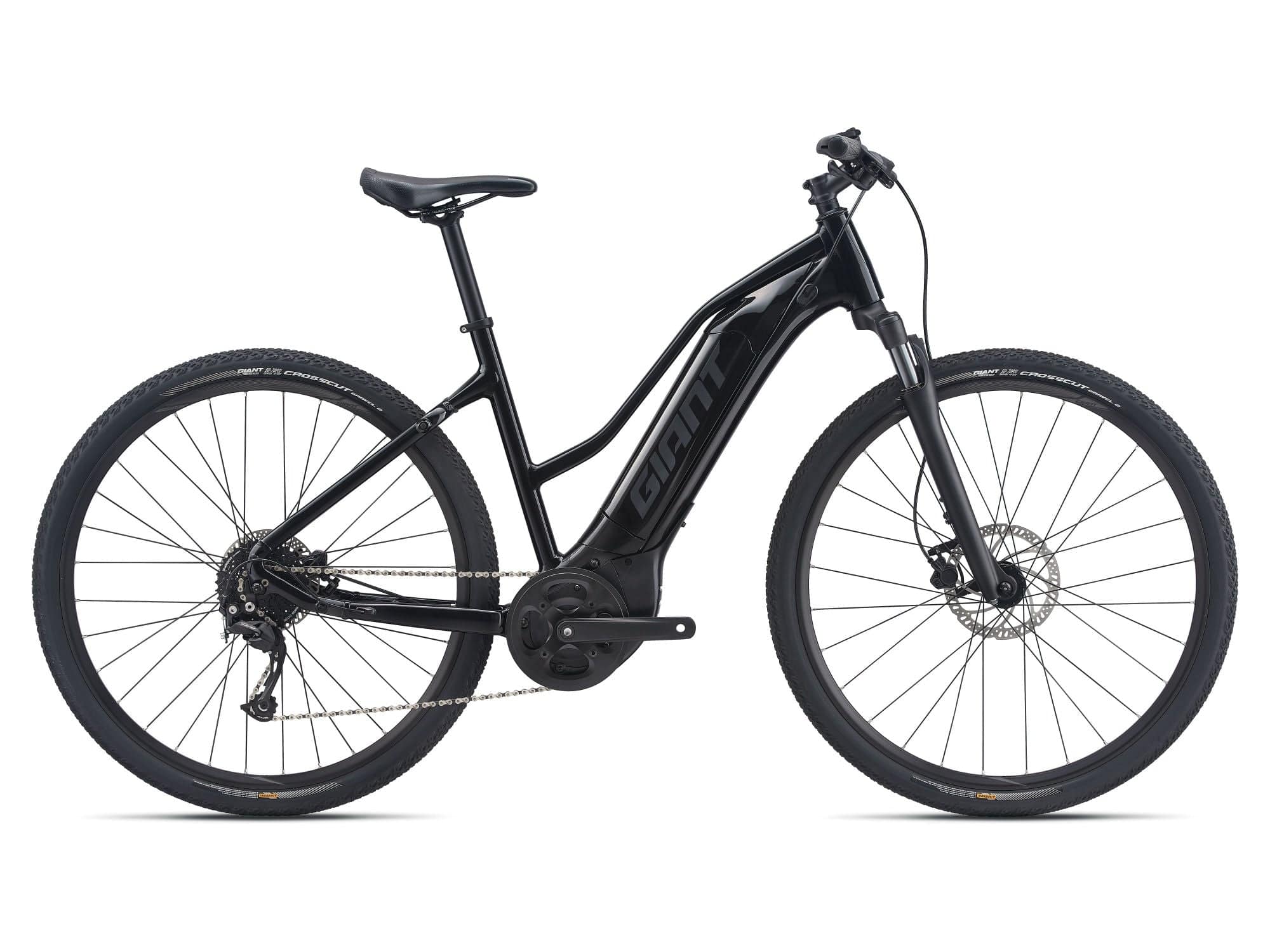 Giant Roam E+ STA 2026 electric hybrid bike with pedal assist, disc brakes, black frame, and ergonomic handlebars.