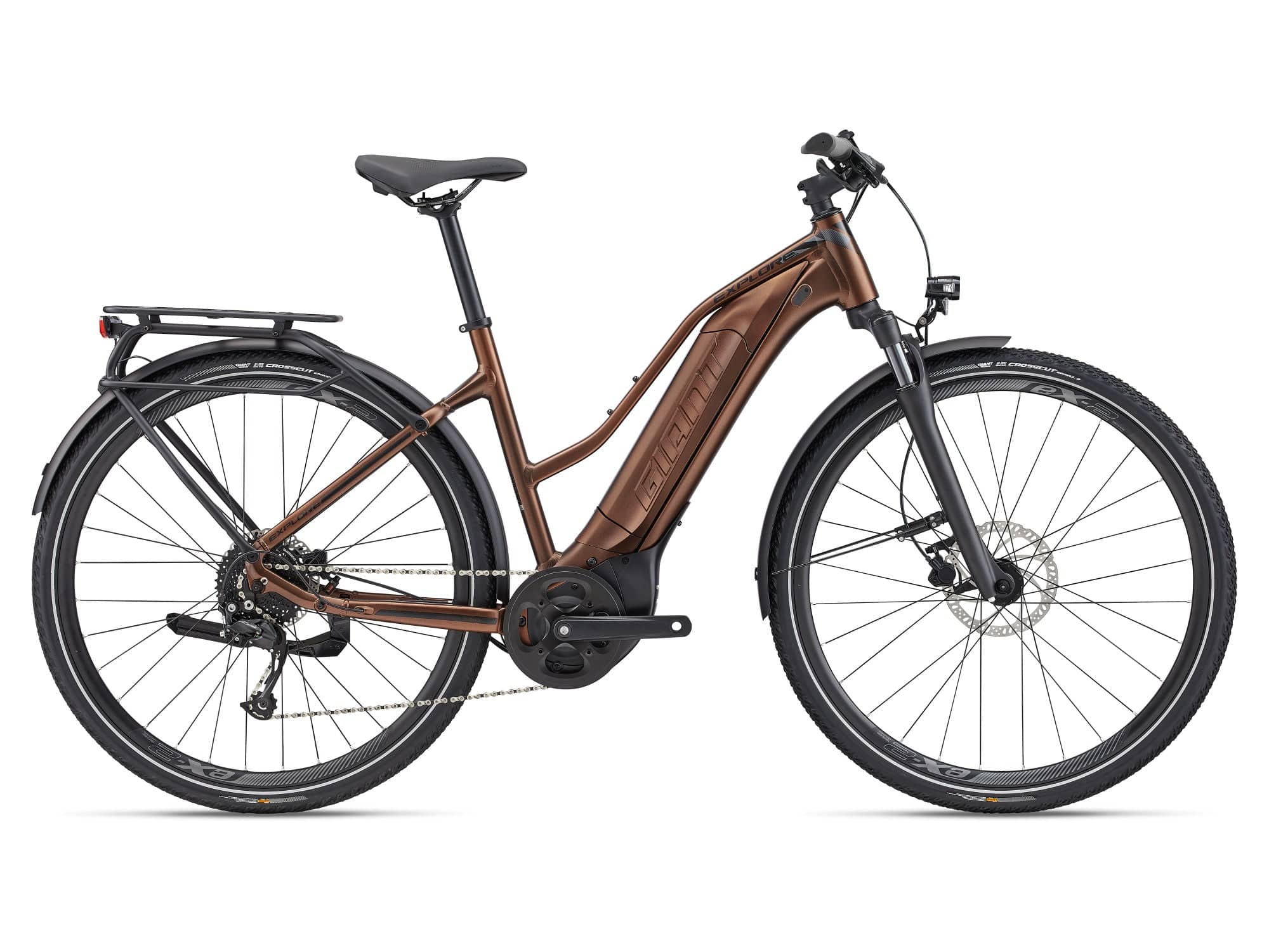 Giant Explore E+ 4 STA electric hybrid bike with pedal assist and disc brakes, shown outdoors on a scenic trail.
