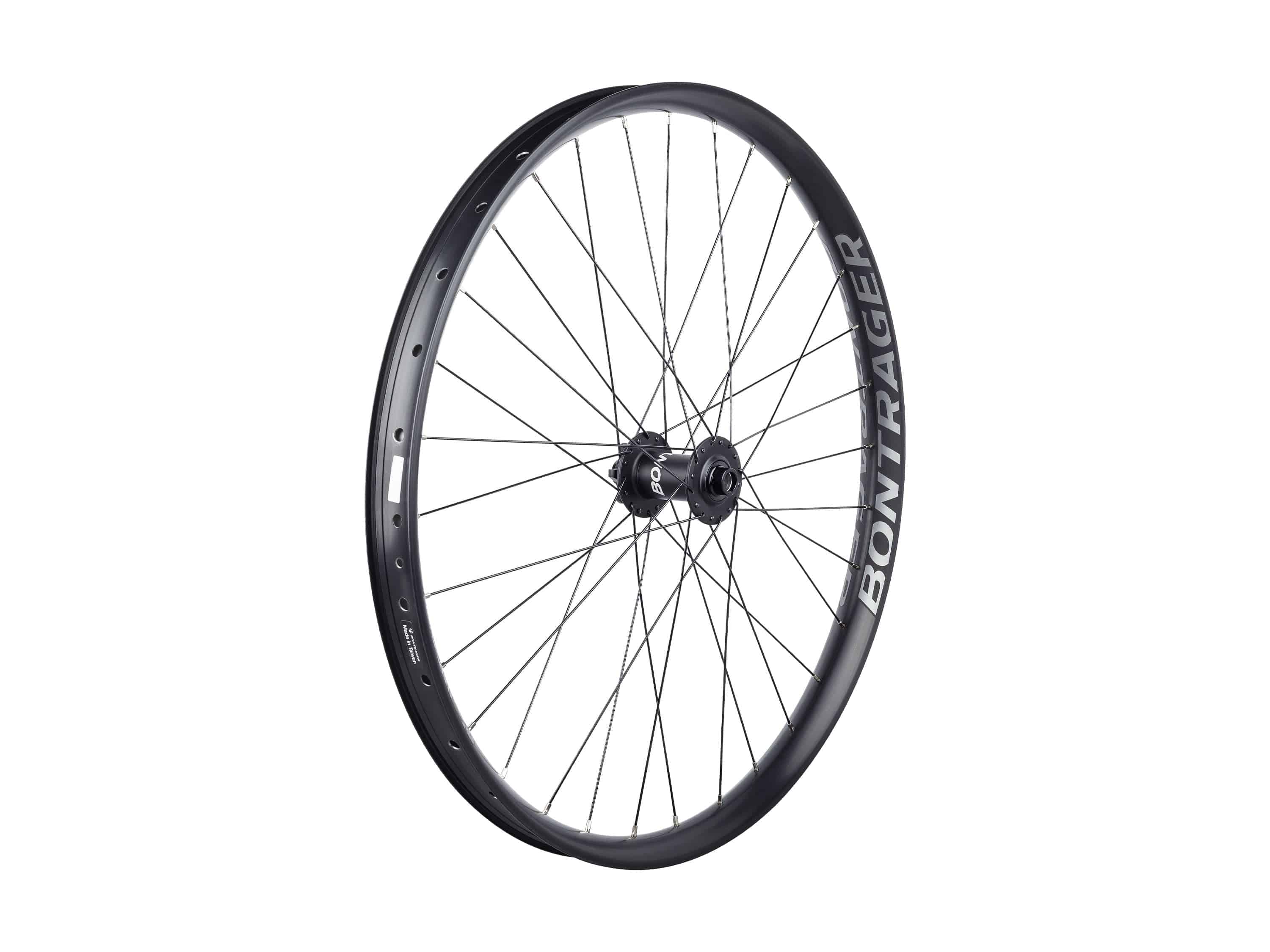 Bontrager Powerline Comp 40 27.5 MTB wheelset with tubeless-ready rims and disc brake compatibility, shown in black.