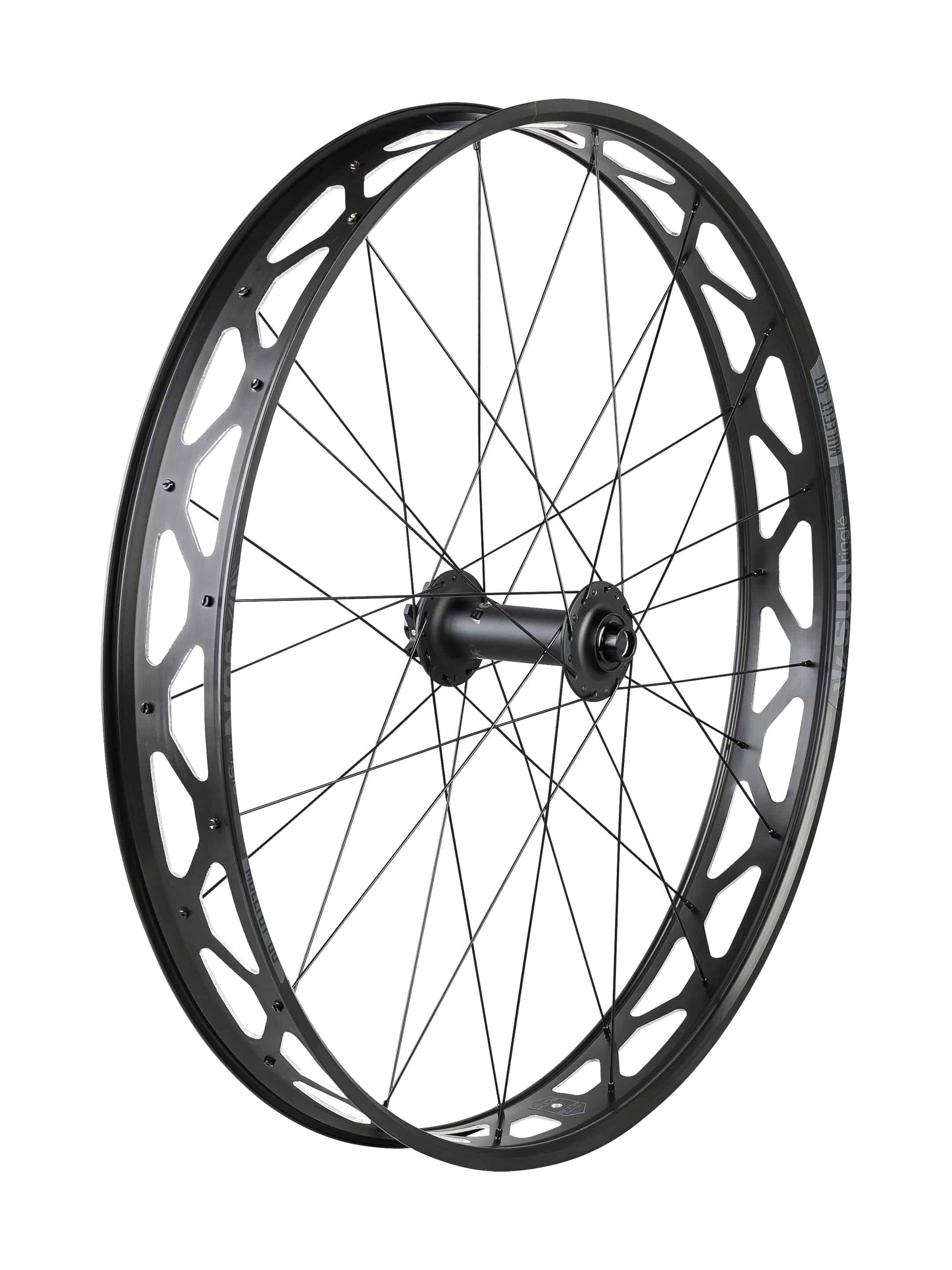 Trek Mulefut 80 27.5-inch MTB rear wheel with Sun Rims and RapidDrive108 technology, featuring black spokes and rim detail.