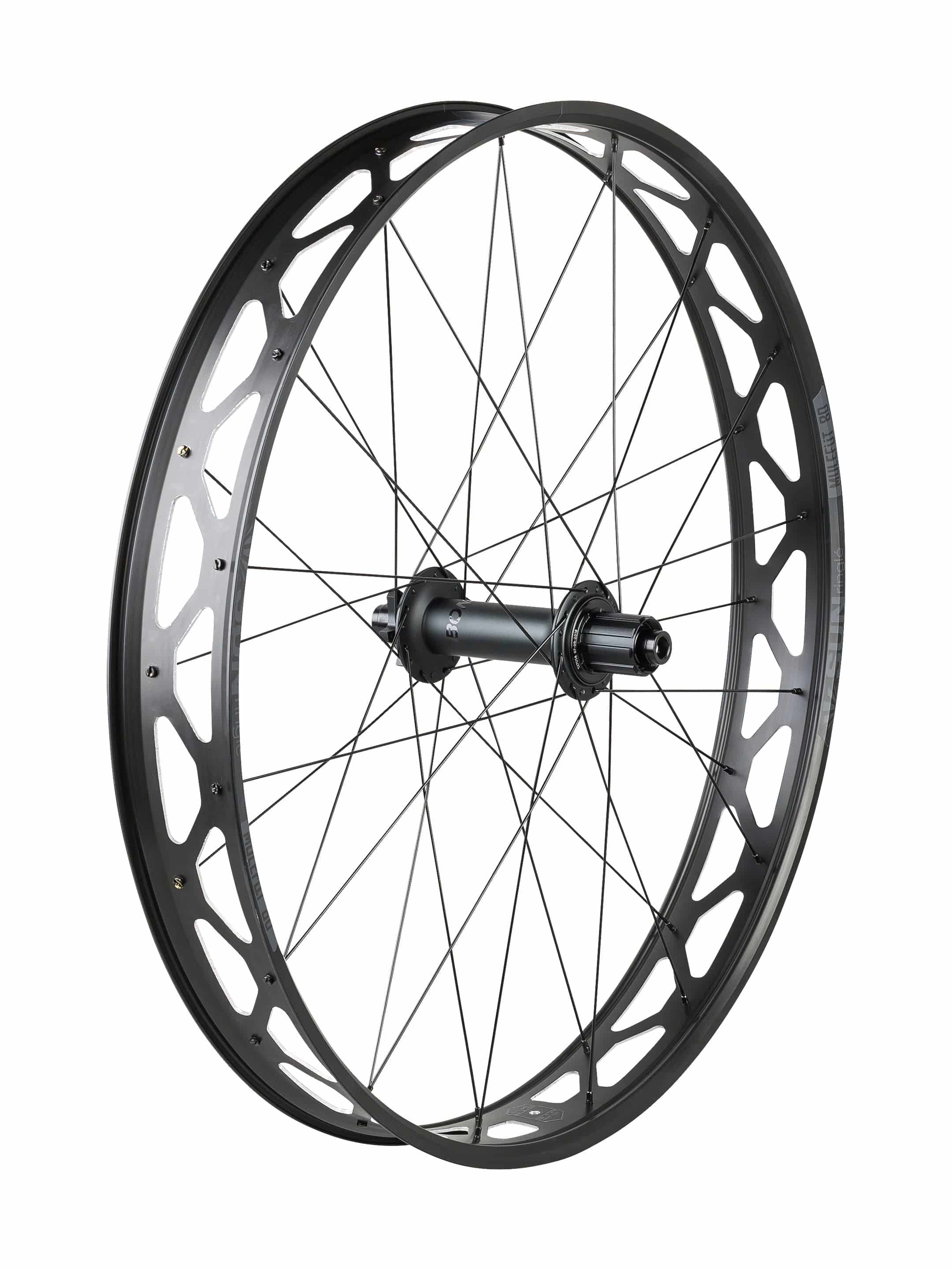 Trek Mulefut 80 27.5-inch MTB rear wheel with Sun Rims and RapidDrive 108 technology, featuring a black hub and rim components.
