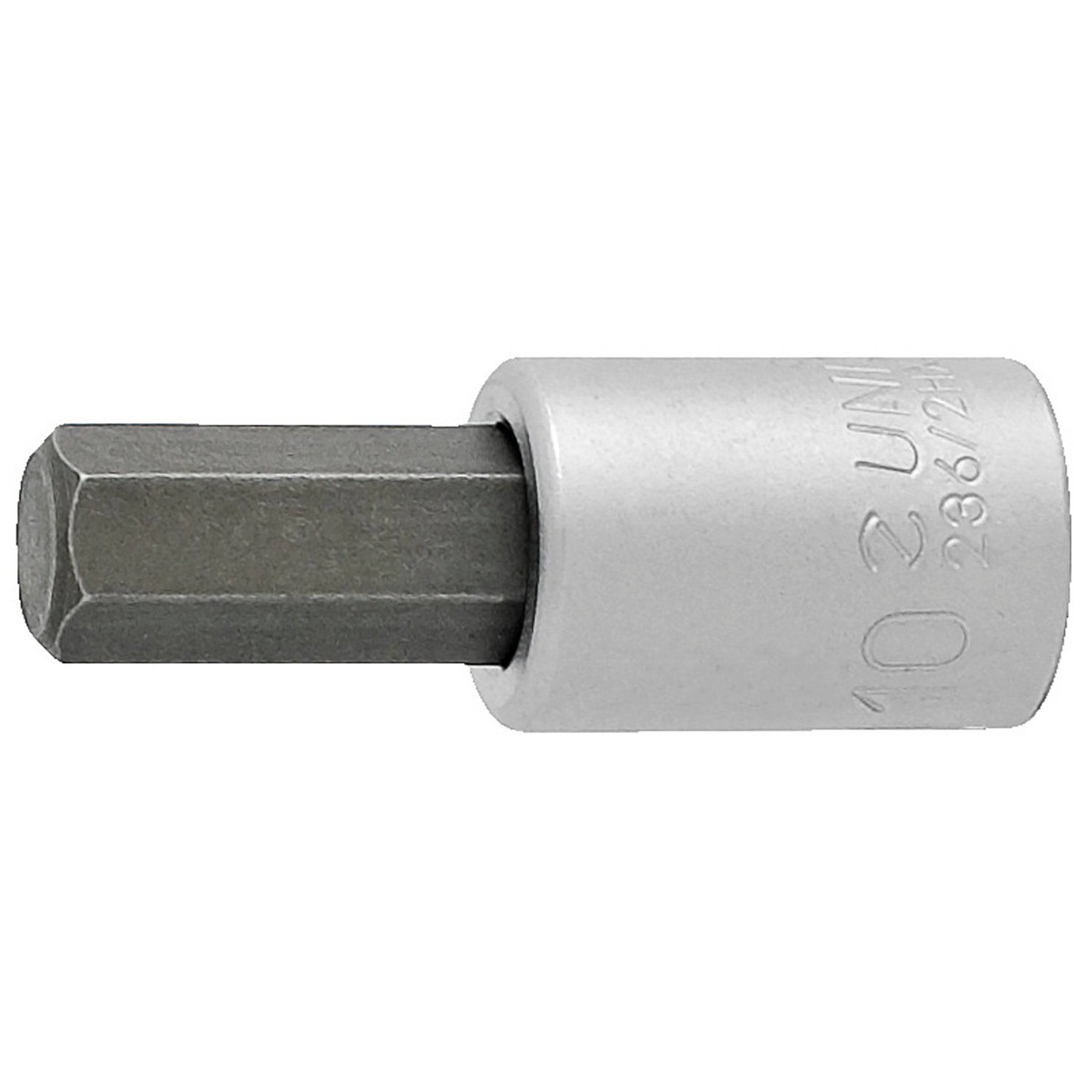 UNIOR 3/8" hexagonal screwdriver socket for workshop use, DIN 7422 metric tool, shown in image with metallic finish