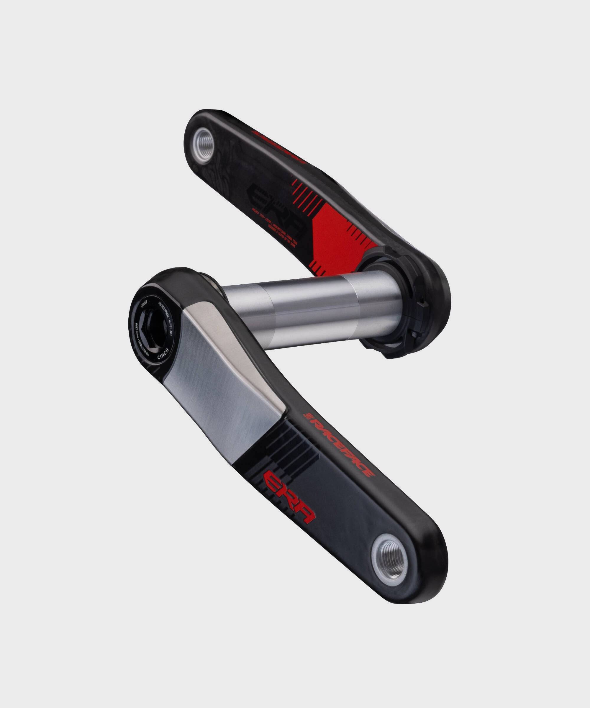 Race Face Era 136mm MTB crank arms, durable and stiff mountain bike components, shown installed on a mountain bike.