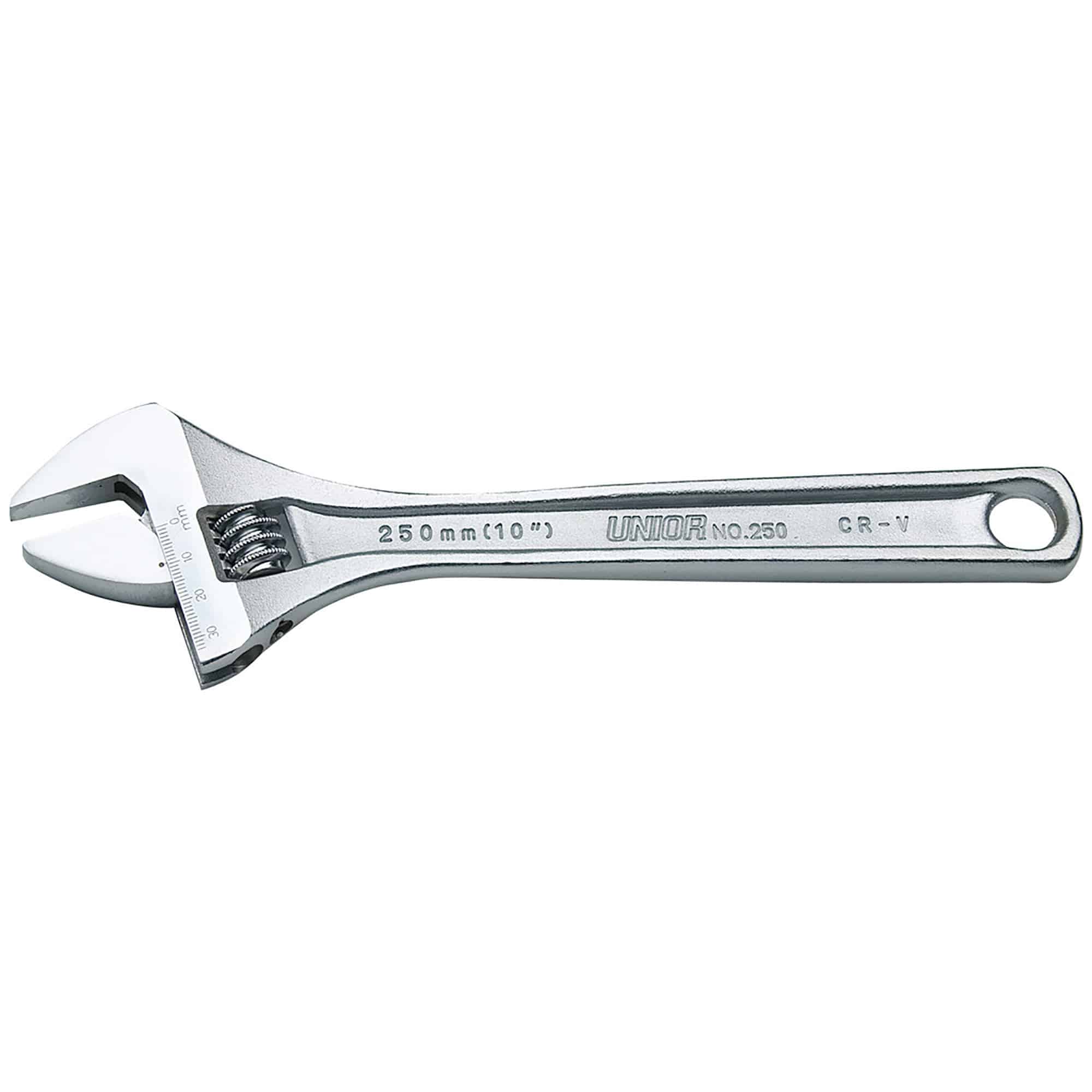 UNIOR adjustable wrench with clear scale, durable steel construction, ISO 6787 compliant, ideal for workshop use
