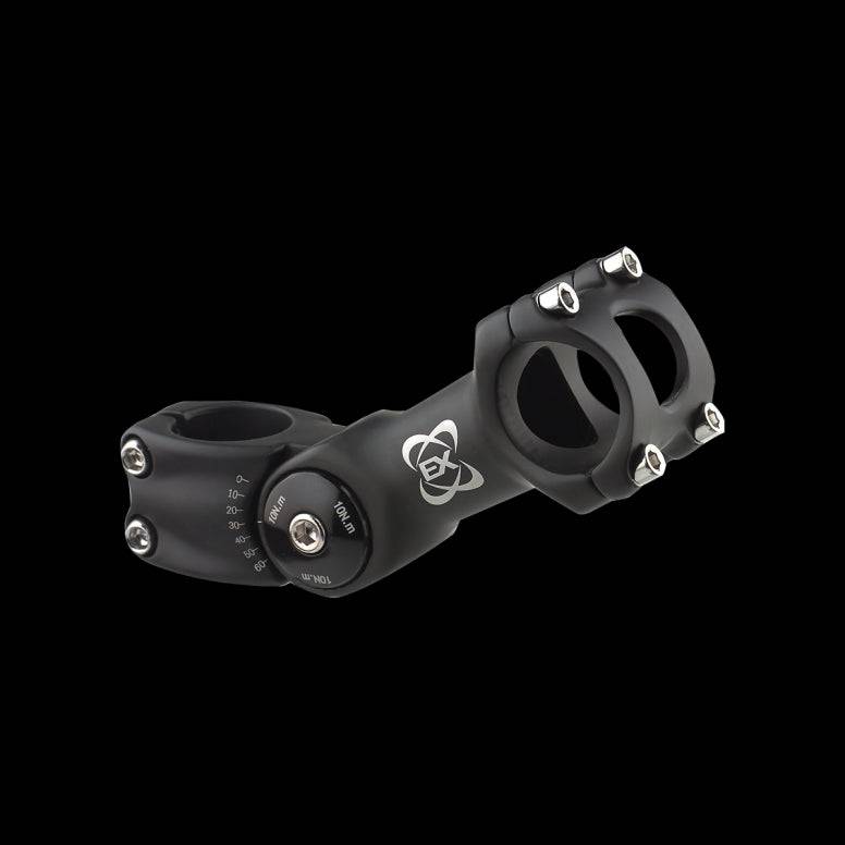 System Ex adjustable bike stem with 60° range for 1 1/8-inch handlebars, showing the component's sleek design and mounting area.