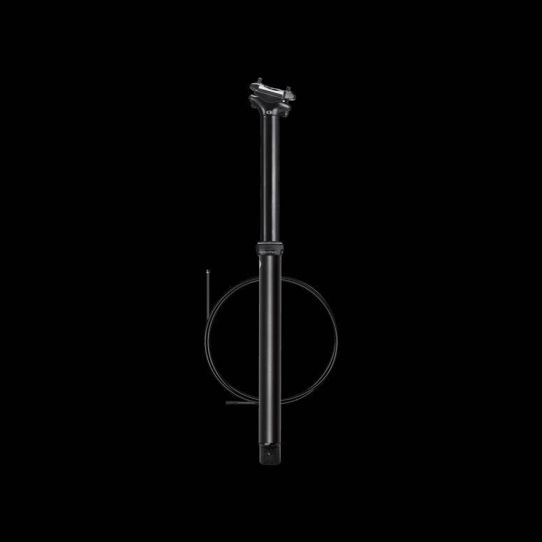 Crankbrothers Highline 3 dropper seatpost in black, 31.6mm diameter, 200mm length, mountain bike component on black background.