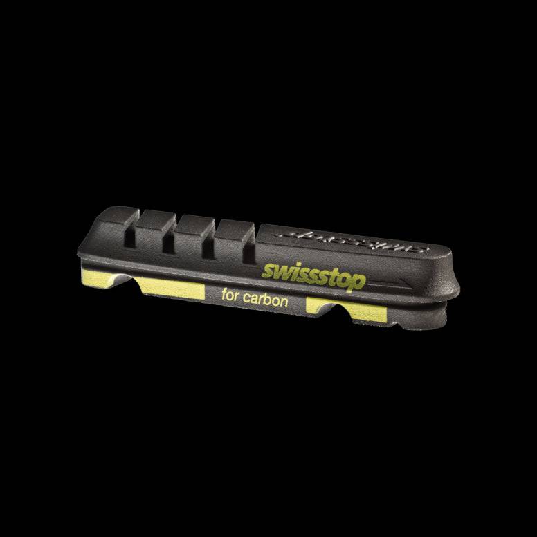 SwissStop Flash Evo Skinny brake pad inserts for Shimano and SRAM rims, shown in a set of two pairs for bike components.