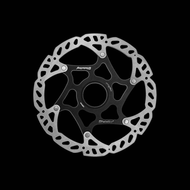 SwissStop Catalyst 6-bolt brake rotors for cycling, showcasing high-performance bike components with drilled metal surfaces.