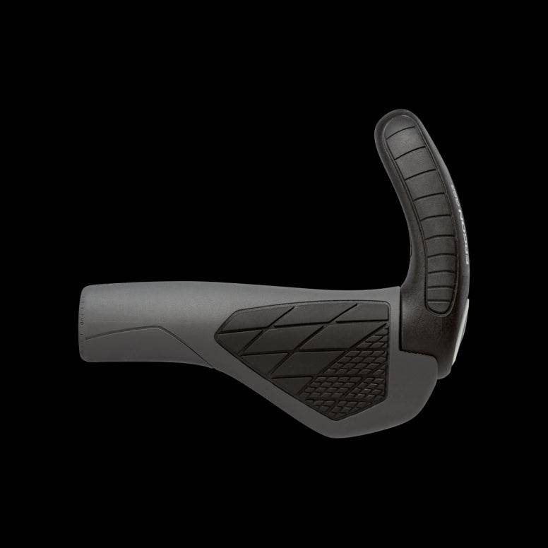 Ergon GS3 bike grips with adjustable 3-finger bar ends, designed for improved control and comfort on bicycle handlebars.