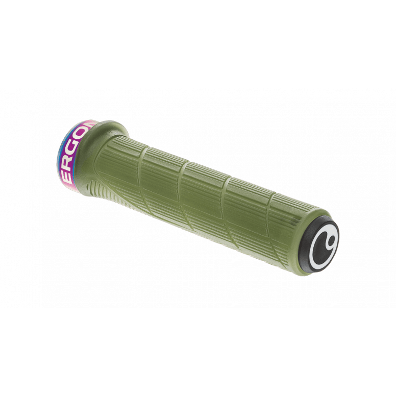 Ergon GD1 Evo Factory mountain bike grips with carbon-friendly CNC aluminum clamps and ergonomic design for enhanced control.
