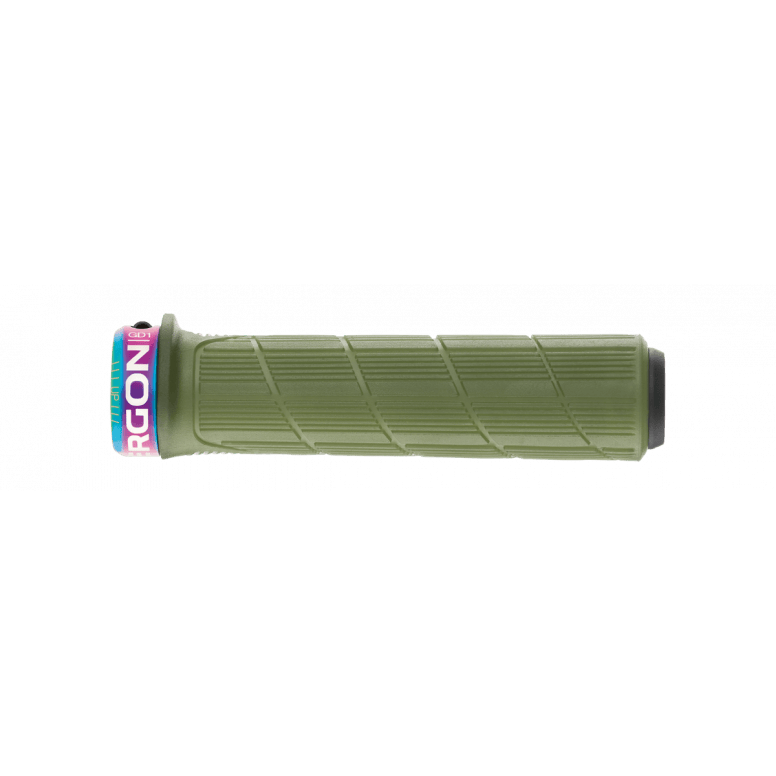 Ergon GD1 Evo Factory MTB grips with carbon-friendly CNC aluminum clamps, designed for mountain bike handlebar comfort and control.