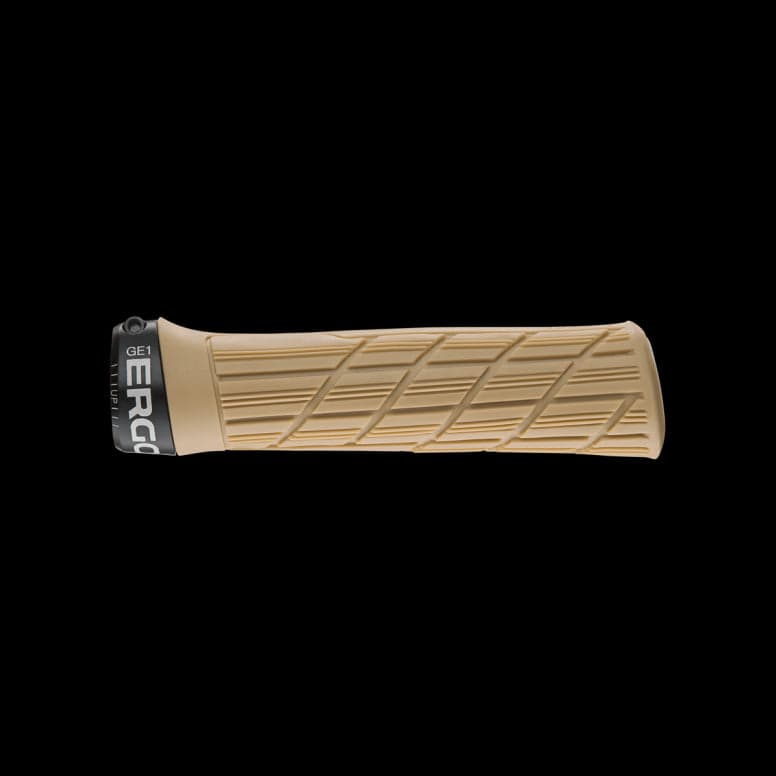 Ergon GE1 Evo bike grips with ergonomic design and durable rubber, shown on a bicycle handlebar.