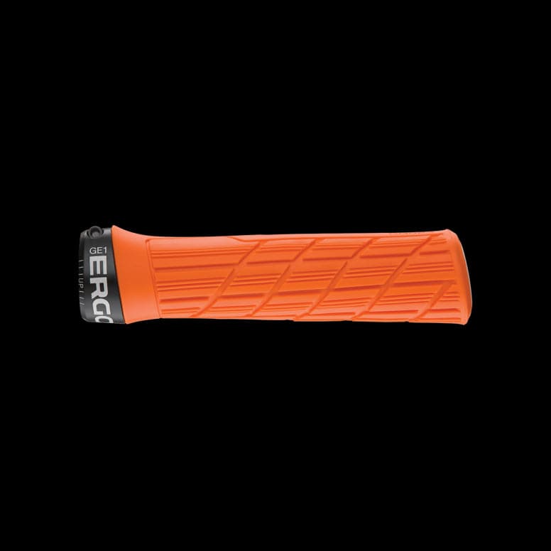 Ergon GE1 Evo bike grips with ergonomic design and durable rubber compound, shown on a bicycle handlebar.