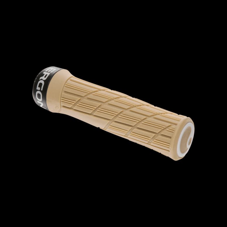 Ergon GE1 Evo bike grips with ergonomic design and durable rubber compound, shown on a bike handlebar.