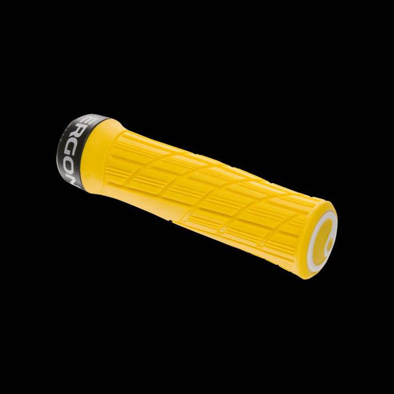 Ergon GE1 Evo bike grips with ergonomic design and durable rubber compound, shown mounted on a bike handlebar.