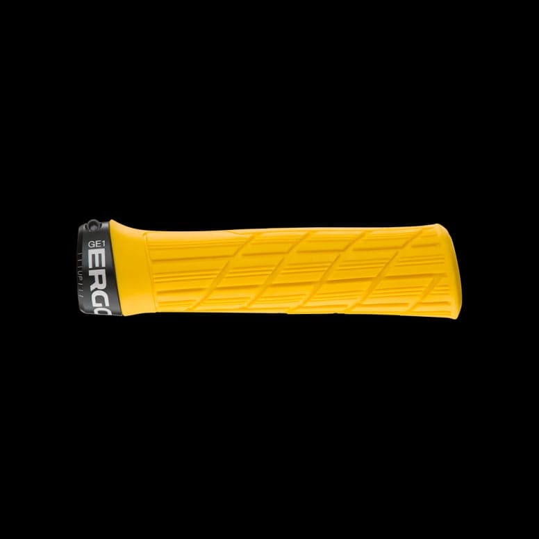Ergon GE1 Evo bike grips with ergonomic fit and durable rubber compound, designed for comfortable cycling handlebar grip.
