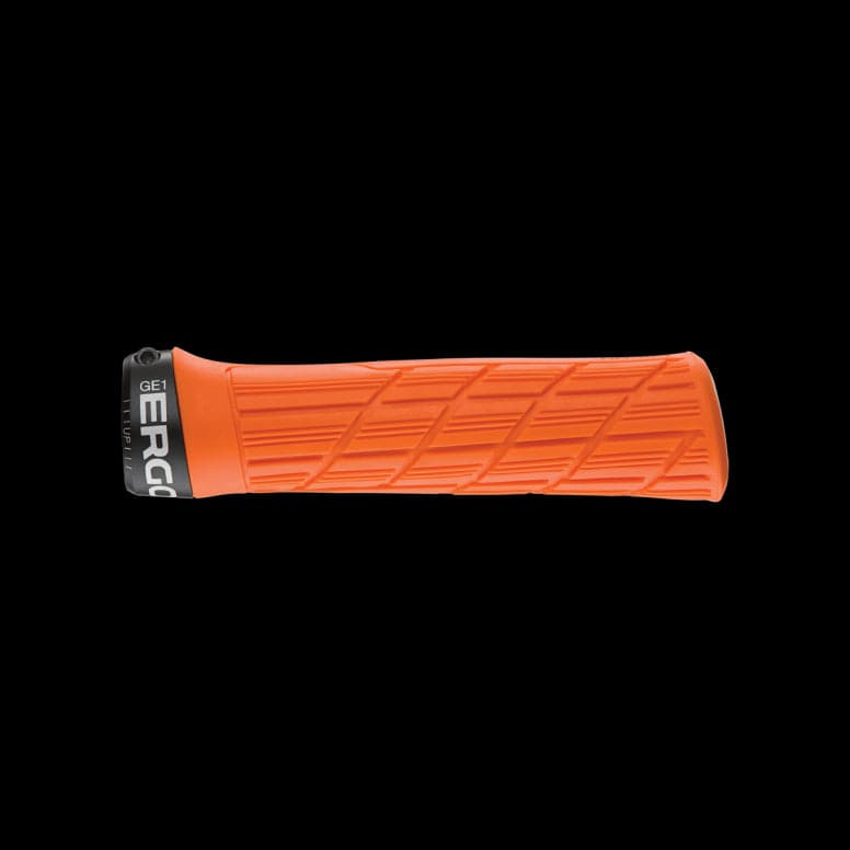 Ergon GE1 Evo bike grips with ergonomic design and durable rubber compound, shown installed on a bicycle handlebar