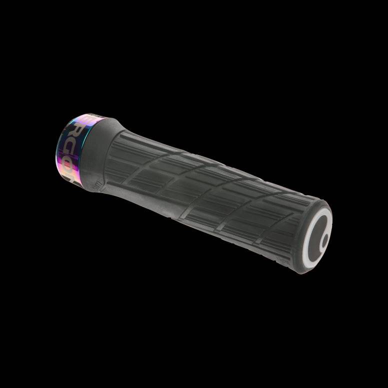 Ergon GE1 Evo Factory ergonomic bike grips with CNC clamps, designed for wide riser handlebars, showcasing textured rubber surface.