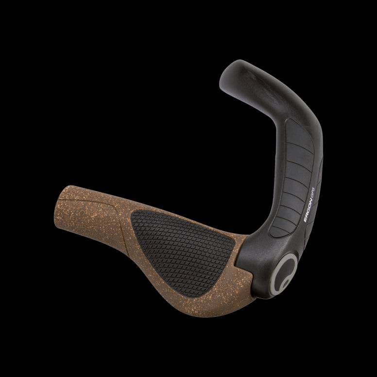 Ergon GP5 BioKork ergonomic bike grips in brown and black with small regular size, designed for comfortable cycling.