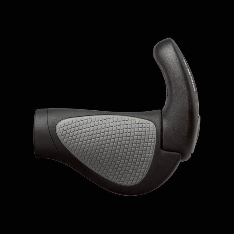 Ergon GP2 ergonomic bike grips with adjustable 2-finger bar ends, providing comfort and control on bicycle handlebars.