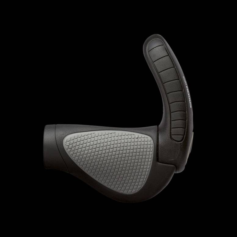 Ergon GP3 bike grips with adjustable 3-finger bar ends, designed for improved control and comfort during cycling.