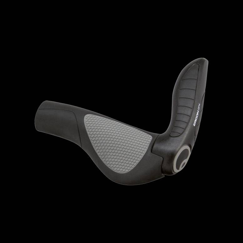 Ergon GP4 adjustable bike grips with four-finger bar ends for enhanced comfort and control on a mountain bike handlebar.