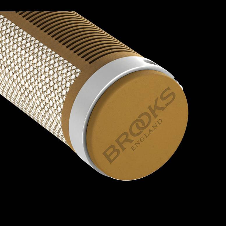 Brooks Cambium Comfort Grips for urban bike handlebars, 130mm, black rubber handlebar grips, close-up view of the bike component.
