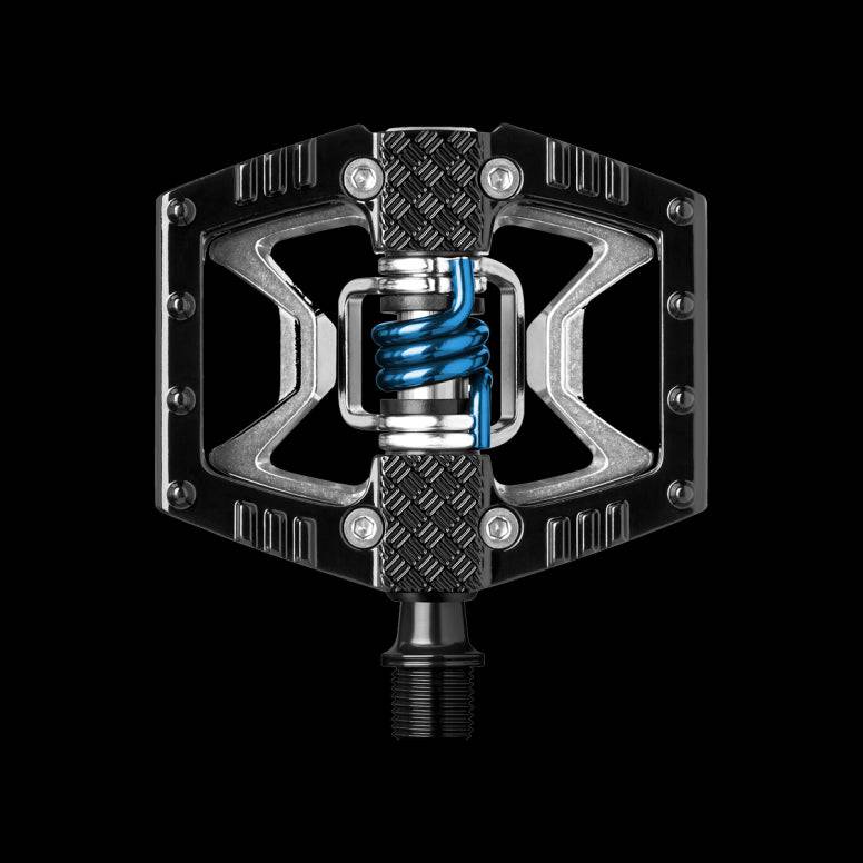 Crankbrothers Double Shot 2 hybrid MTB pedals in black and silver with adjustable cleats, designed for mountain biking components.