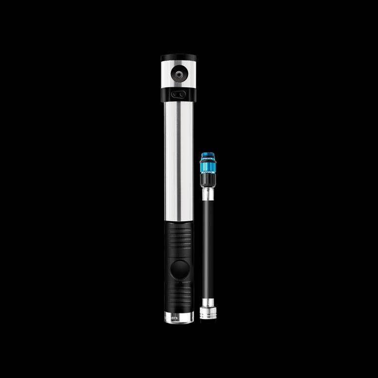 Crankbrothers Klic HV Silver mini pump for high-volume bike tires with flexible hose, compact bike pump accessory.