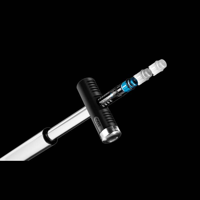 Crankbrothers Klic HV bike pump with gauge and CO2 inflator, silver aluminum, compact cycling accessory for tire inflation.