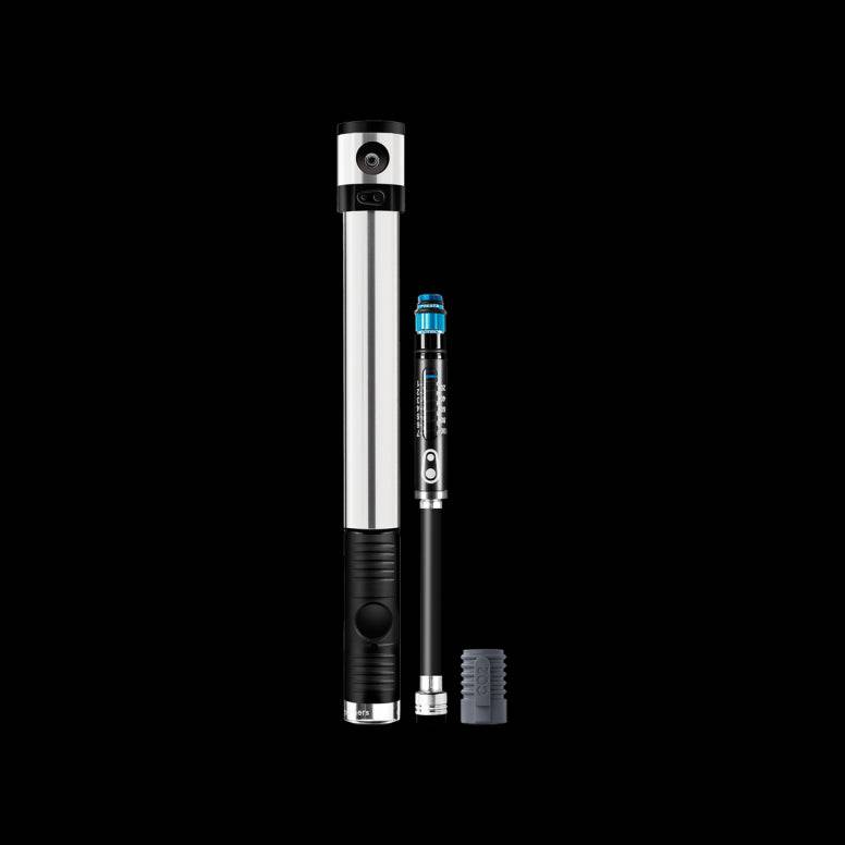 Crankbrothers Klic HV bike pump with gauge and CO2 inflator, silver aluminum cycling accessory for tire inflation.
