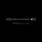 Topeak Journey TX M12 x 1.0mm black axle kit for bike trailers and child transport accessories, shown on a white background.
