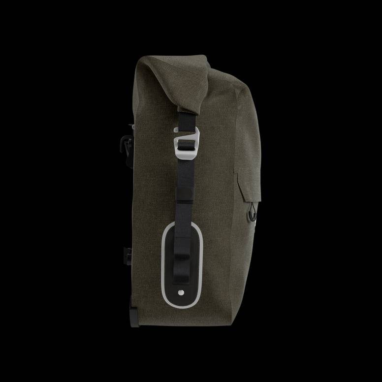 Brooks Scape waterproof pannier with Klick Fix attachment for bike racks, designed for durable bike accessories.