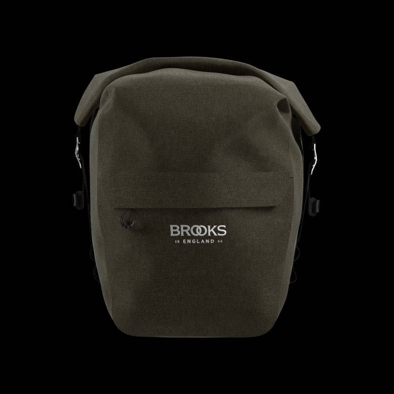 Brooks Scape waterproof pannier with Klick Fix attachment for bike racks, designed for durable bike storage and commuting.