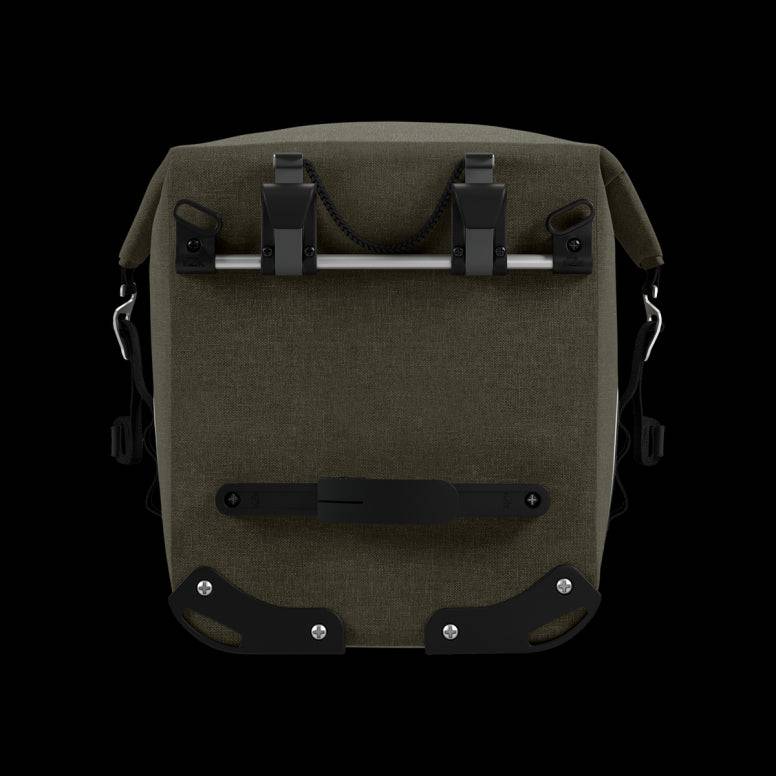 Brooks Scape waterproof bike pannier with Klick Fix attachment for bike racks, designed for durable bike accessory storage.