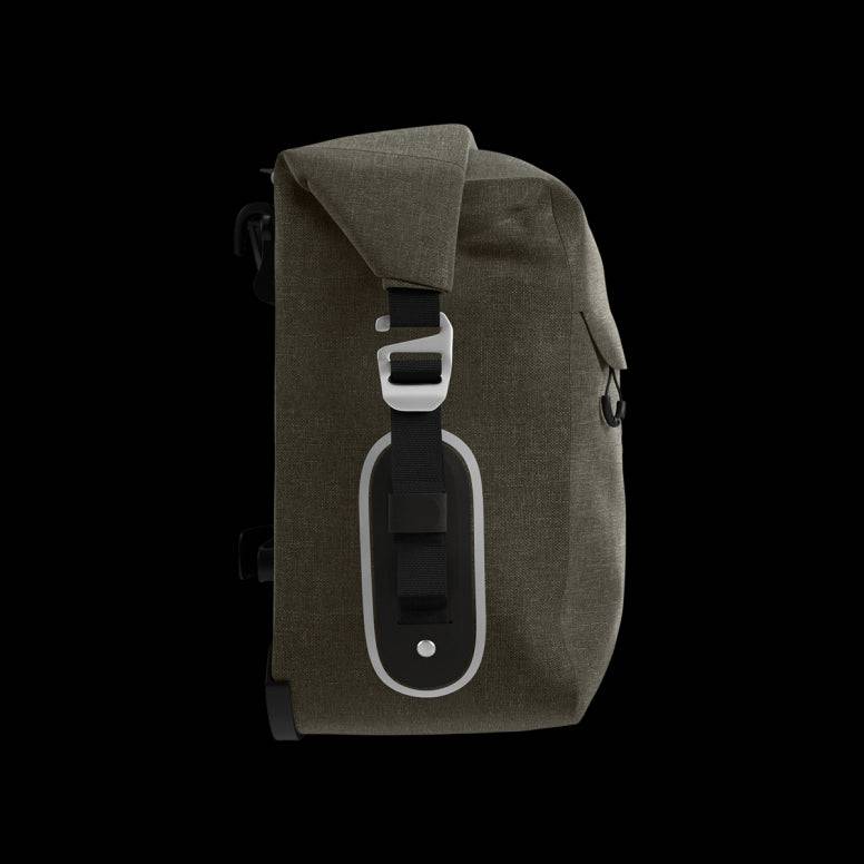 Brooks Scape waterproof pannier with Klick Fix attachment for bike racks, durable cycling accessories in black and gray.
