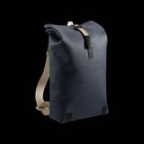 Brooks Pickwick roll-top backpack with laptop sleeve, urban cycling and commuting accessories, black with adjustable straps and front pocket.