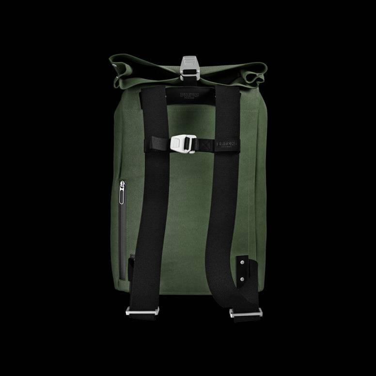 Brooks Pickwick roll-top backpack with laptop sleeve, designed for urban cycling and commuting, featuring sturdy accessories and adjustable straps.
