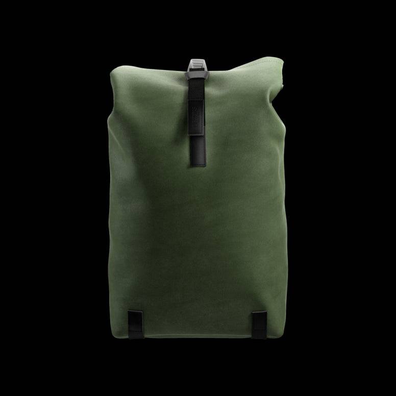 Brooks Pickwick roll-top backpack with laptop sleeve, designed for urban cycling and commuting, featuring durable accessories and adjustable straps.