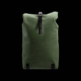 Brooks Pickwick roll-top backpack with laptop sleeve, designed for urban cycling and commuting, featuring durable accessories and adjustable straps.
