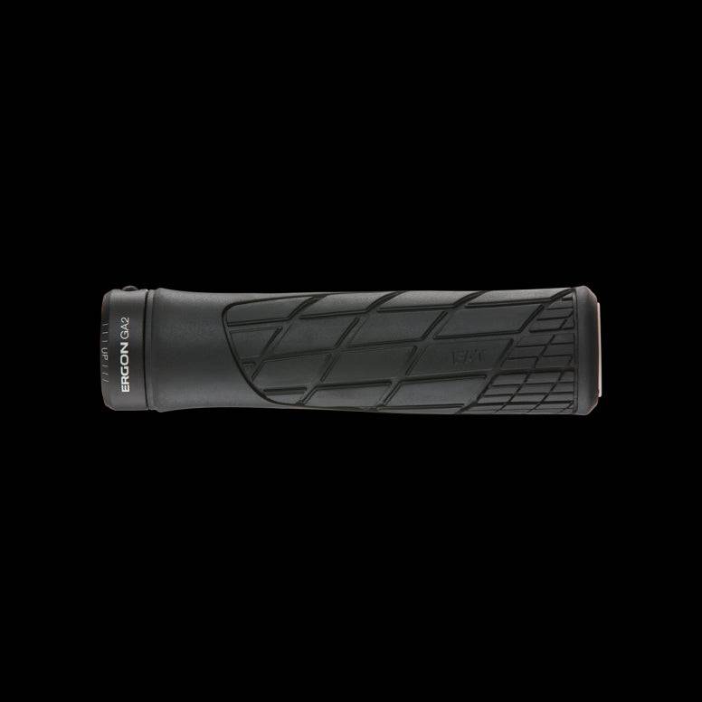 Ergon GA2 Fat Black bike grips with ergonomic design for comfort and control, shown on a bike handlebar.