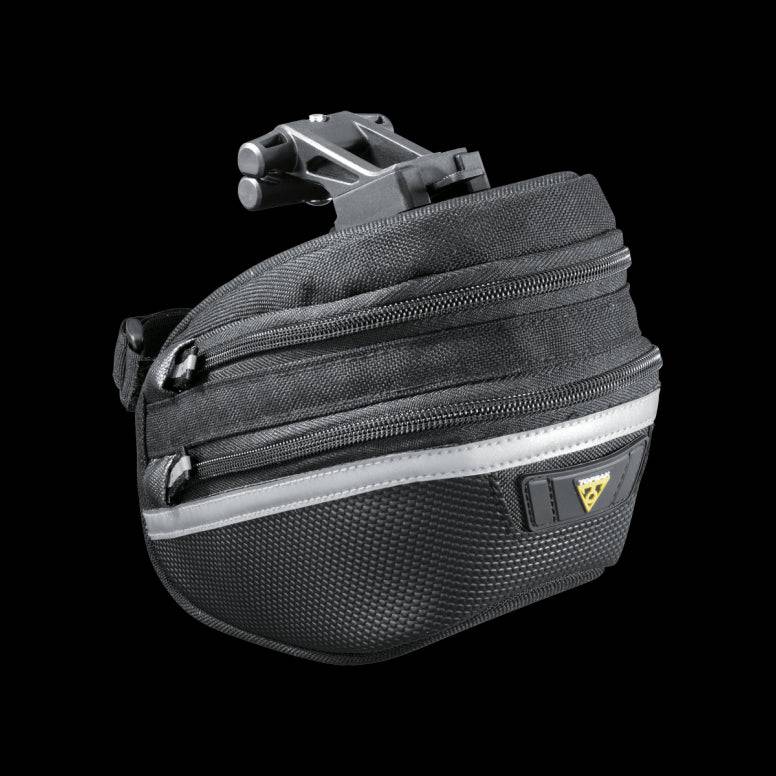 Topeak Wedge II Black Micro Bike Seat Pack with quick release mount and reflective strips, designed for bike accessories storage.